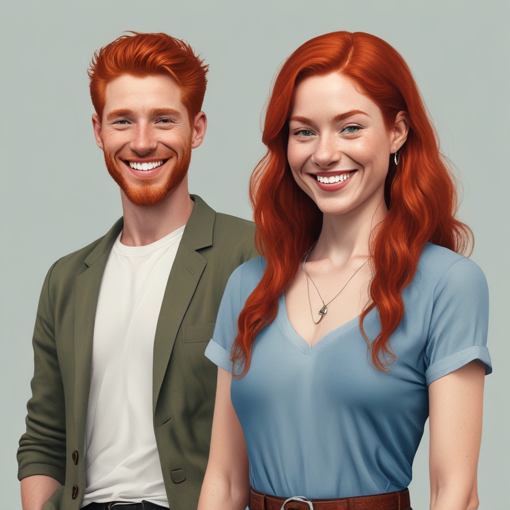 Smiling red-haired woman standing next to a smiling red-haired man